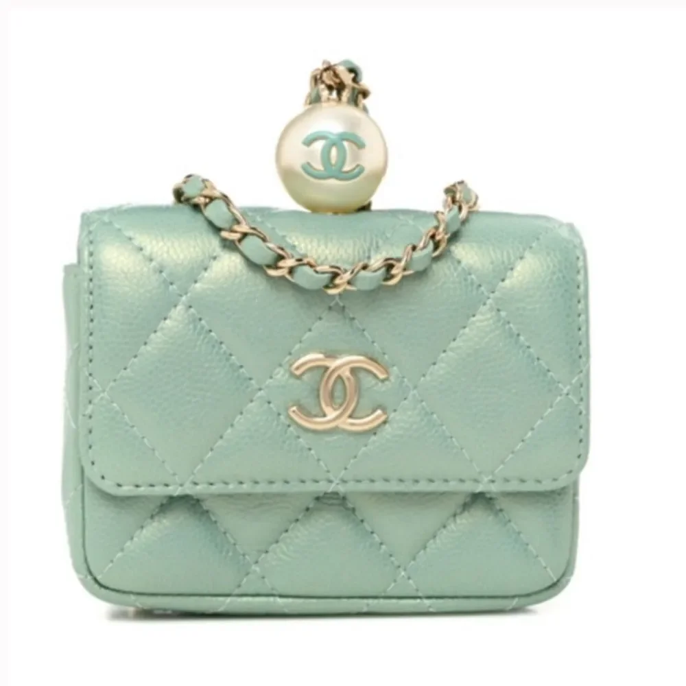 *CHANEL* 2021 Iridescent Mint Green 🌟Caviar🌟 Quilted Pearl on Top Micro WOC